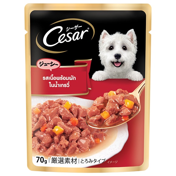 image Mockup%20Cesar%20Pouch_Beef%20Flavour%20with%20Vegetables%20in%20Gravy%20FOP%20with%20Sticker%20TH